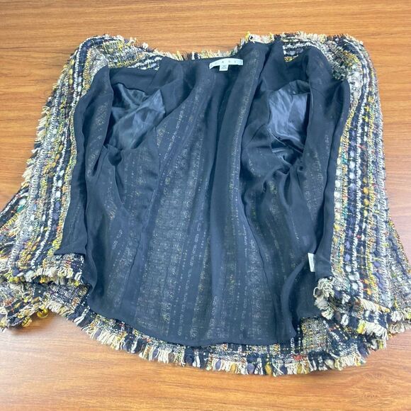 CaBi Tweed Blazer Sz Medium Multicolor Short Length Fringe Boho Business Gold - Picture 6 of 8
